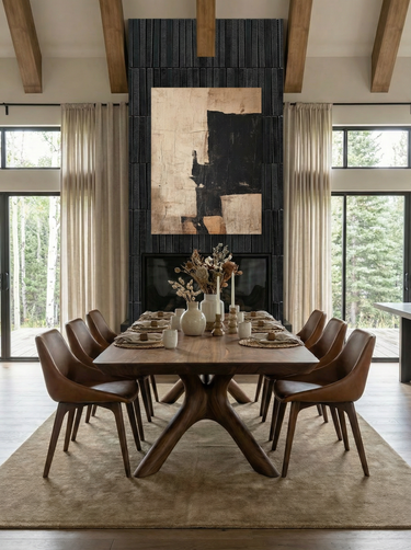 Snowy Owl's Lair, a modern dining room with a wooden table and chairs, abstract art on the wall, and large windows. With an open concept social area, and a single-story layout. 