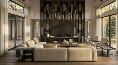 Snowy Owl's Lair, a modern living room with a large TV, beige sofa, and decorative wall. With an open concept social area and a single-story layout. 