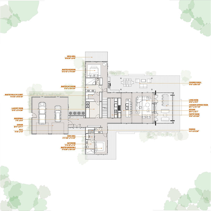 Floor plan of a custom house with labeled rooms as the distribution layout