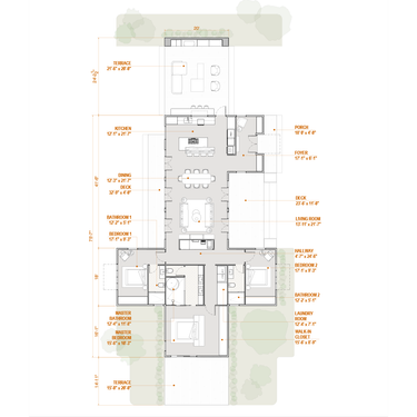 Floor plan of a house with labeled rooms and dimensions on a white background