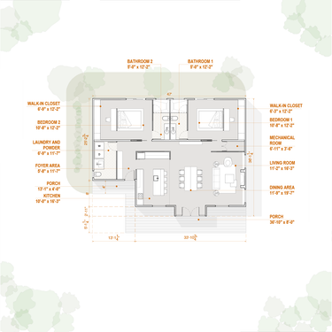 Floor plan of a one level small house with labeled 2 rooms and 2 baths with dimensions on the layout