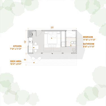 Floor plan of a small cabin for two people with iving space and kitchenette with dimensions labeled