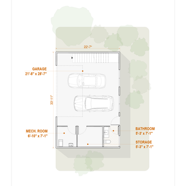 Floor plan of a loft apartment with 2 car garage, layout with dimensions