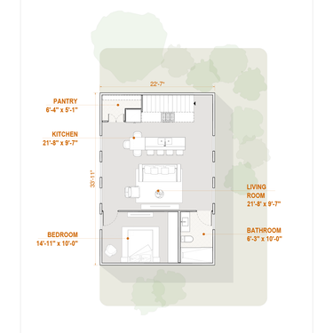 Floor plan of a loft apartment layout with room dimensions on a light background