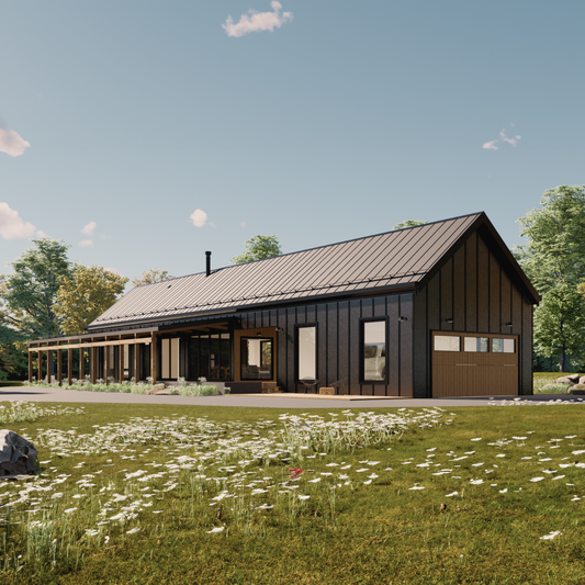 3d rendering front facade of barn dominium design with a touch of nordic and Scandinavian style