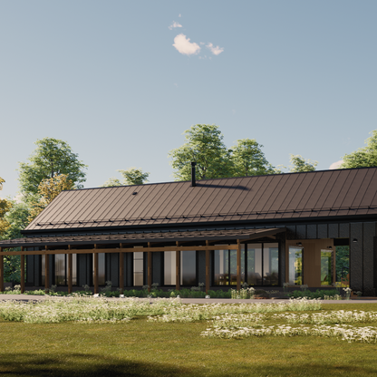 3d rendering front facade of barn dominium design with a touch of nordic and Scandinavian style