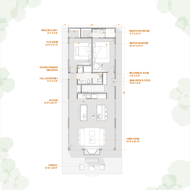 Floor plan of a residential cabin building with labeled rooms on a white background.