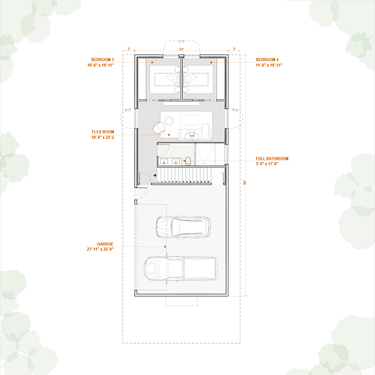 Floor plan of a cabin house with labeled rooms on a white background