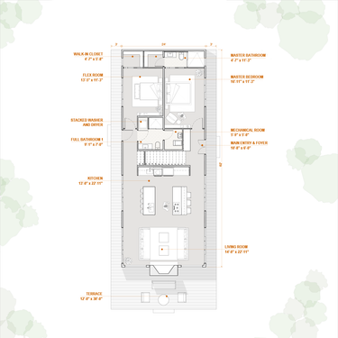 Floor plan of a residential building with labeled rooms and dimensions.