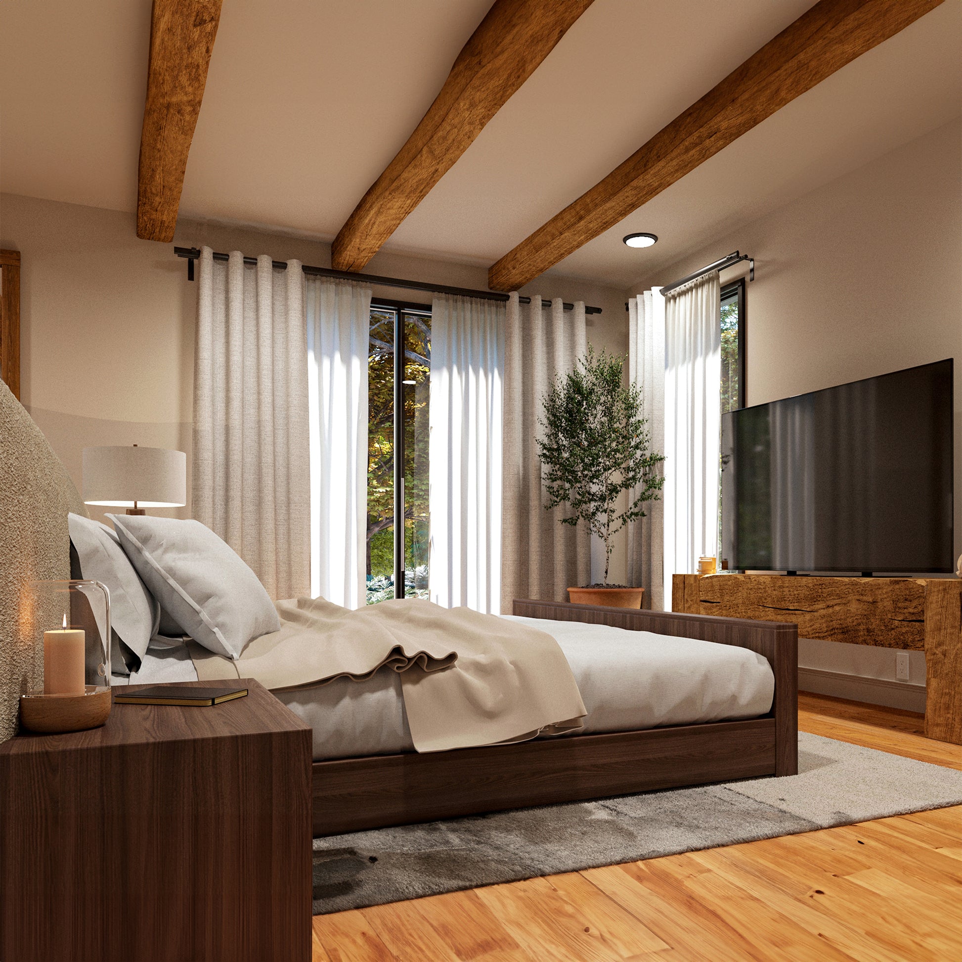 Rustic modern bedroom by The Hut Company featuring exposed wooden beams, a minimalist wood platform bed, and cozy neutral bedding. Natural light fills the space through large black-framed windows with soft linen curtains. A reclaimed wood media console complements the warm hardwood flooring, while a potted tree adds a touch of nature. This serene, contemporary cabin-style bedroom blends organic textures with modern comfort for a relaxing retreat.