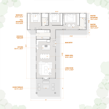 Floor plan of a cabin house layout with room names and dimensions on a white background.