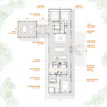 Floor plan of a house with labeled rooms and dimensions on a light background.