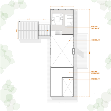 Floor plan of a small cabin with loft area and attic space on a white background with green leafy corners.