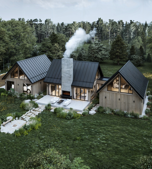 A modern A-frame cabin with a sloped black metal roof and wooden exterior set against a natural background of trees and grass. The structure includes large glass windows, a prominent chimney with smoke rising, and an adjacent garage. The scene is illuminated by soft daylight, emphasizing the clean lines and natural materials of the design