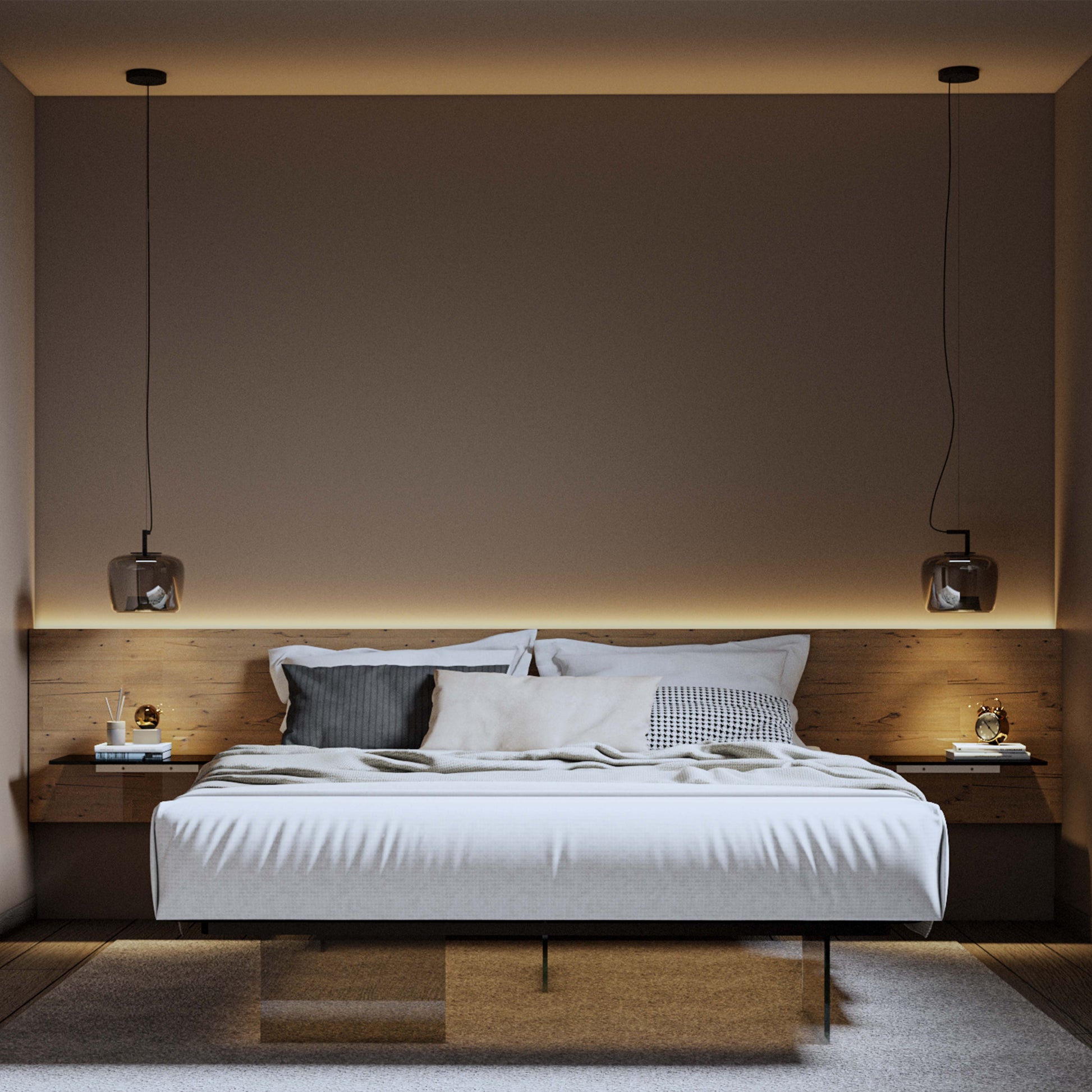 bedroom rendering with pendant lamp, bed, rug, night table in a barndominium