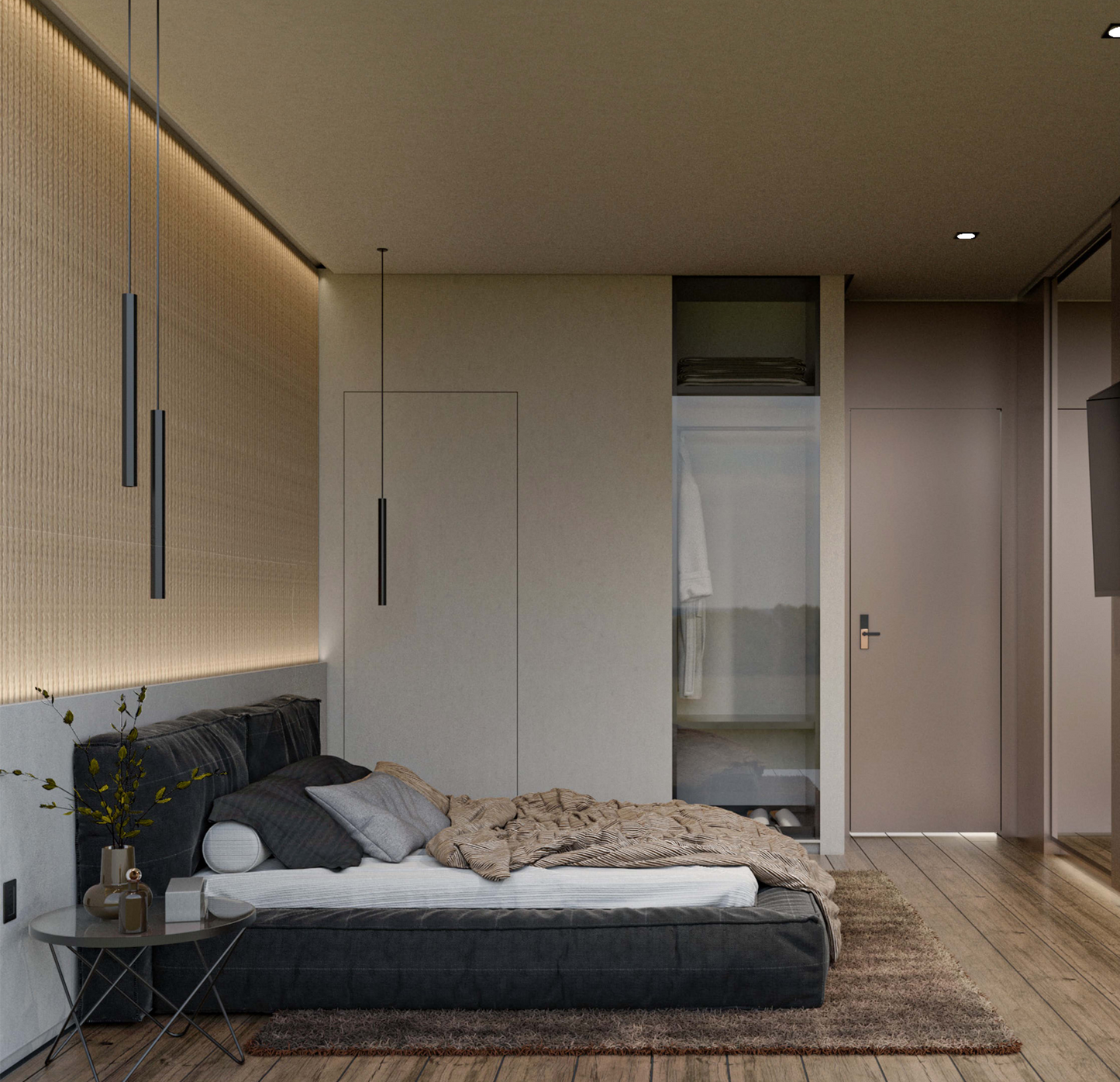 master bedroom rendering with pendant lamps, bed, rug, night table and closet in a barndominium