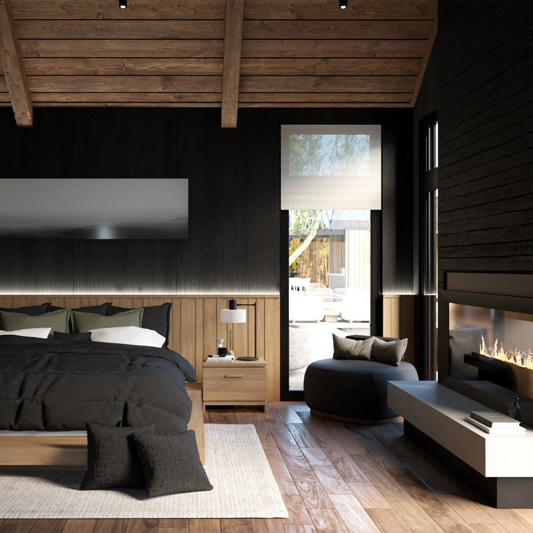 3d interior rendering from master bedroom with fireplace black and neutral tones