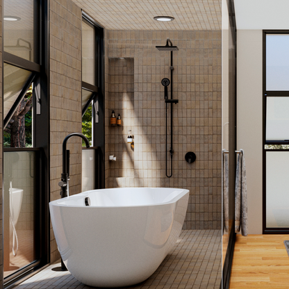 Freestanding white soaking tub with a sleek black floor-mounted faucet, set against a tiled walk-in shower with a matte black rain showerhead. Large windows bring in natural light, enhancing the spa-like feel with modern, minimalistic design elements.