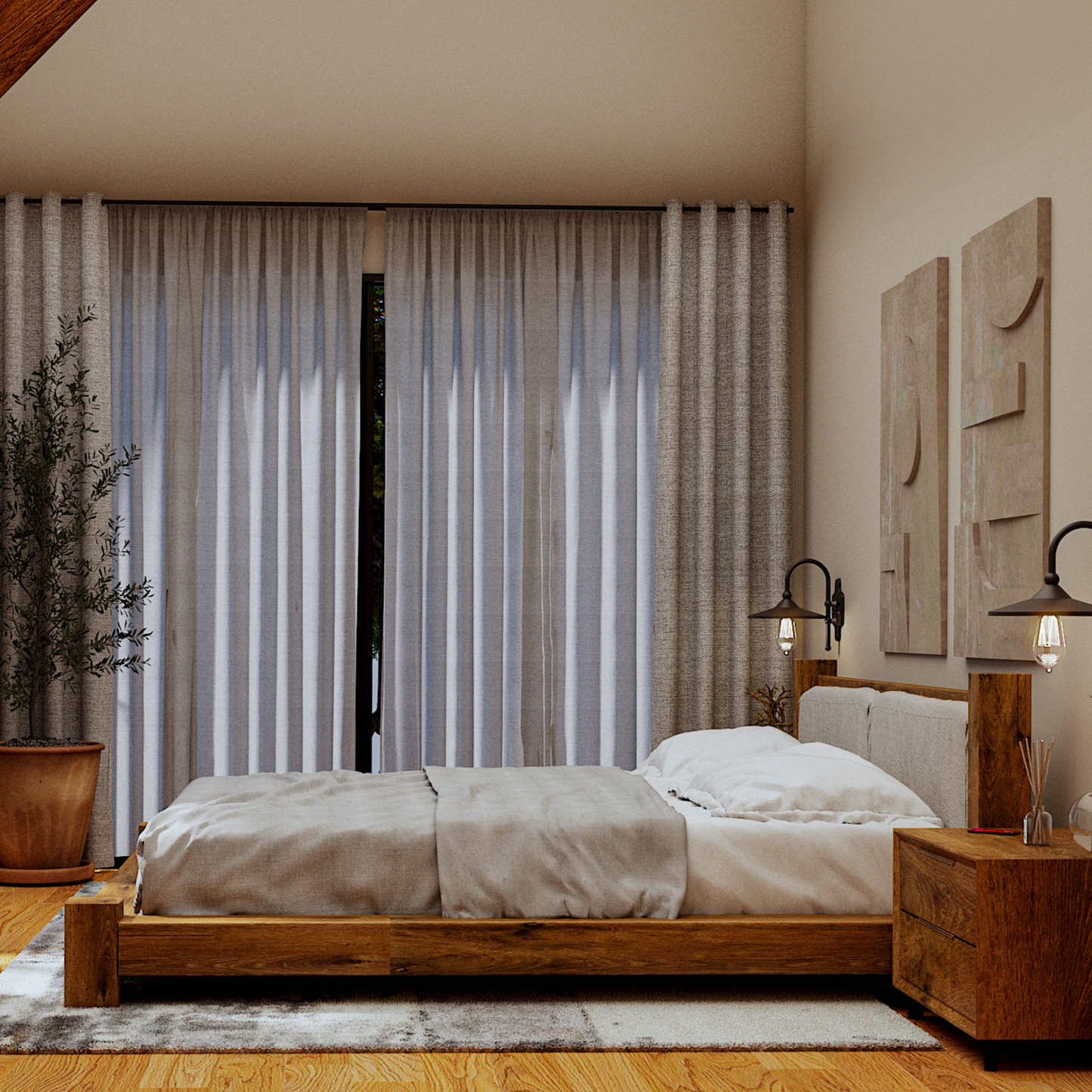 Cozy bedroom featuring a low-profile wooden bed frame with neutral bedding, flanked by matching wooden nightstands. Industrial-style wall sconces add a warm glow, while textured abstract wall art enhances the minimalist aesthetic. Floor-to-ceiling curtains soften natural light, complemented by a potted plant and a plush area rug on wooden flooring