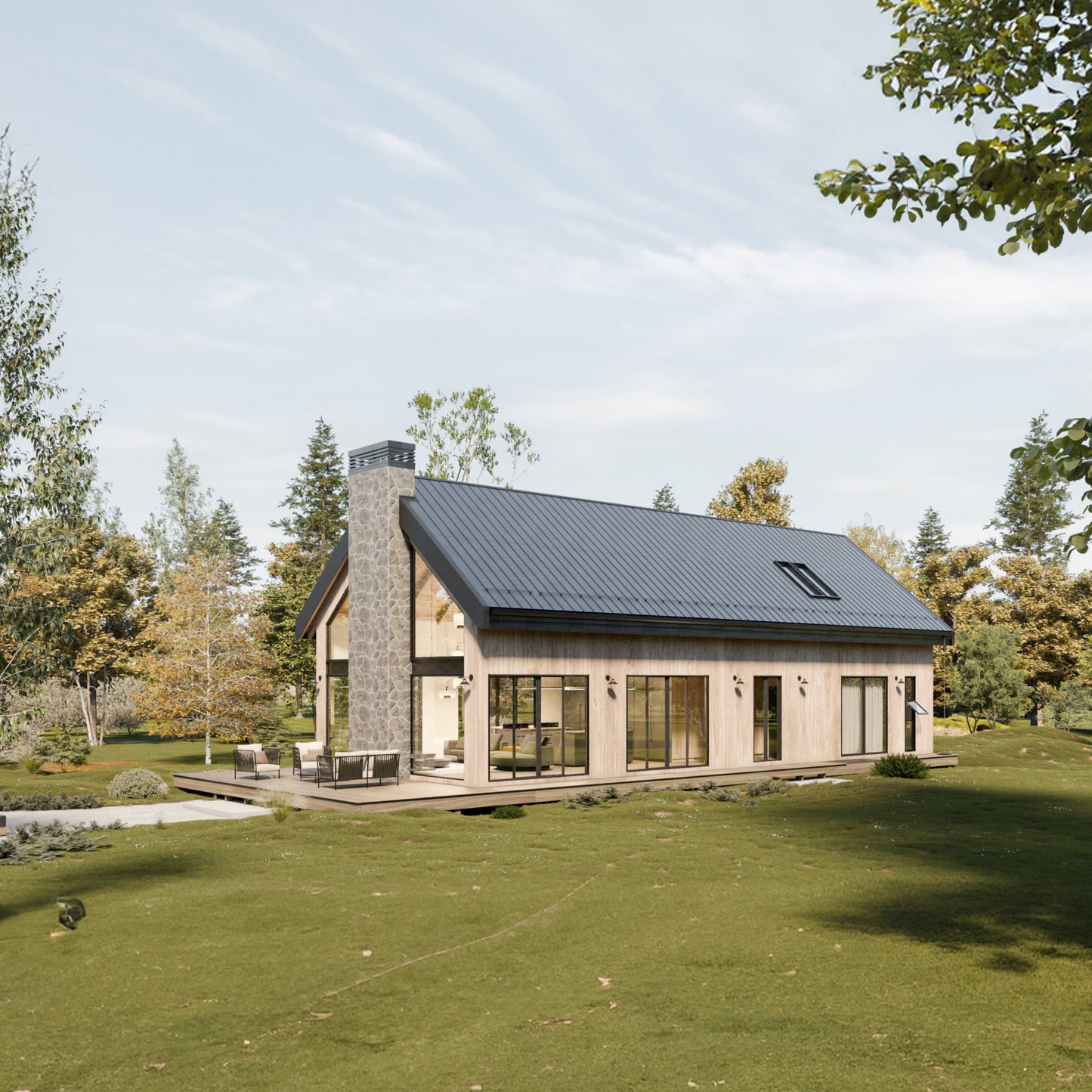 A modern cabin design with black gable roof, sunrrounded by trees and clear area, and an exterior firepit with outdoor furniture. Cabin with loft level