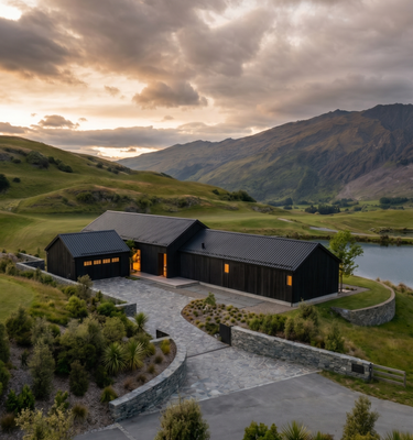 Casa del Prado - A modern black wooden cabin with a matching small outbuilding, set in a scenic mountain valley at sunset with rolling green hills and a stone driveway.