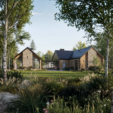 Coyote's Den is a modern house with a stone and glass exterior surrounded by greenery, with a basement, garage, terrace, and pool house.