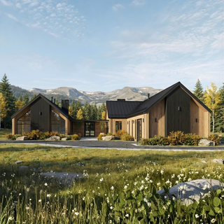Front facade of Coyote’s Den luxury modern home design with large windows and modern finishes