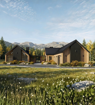 Front facade of Coyote’s Den luxury modern home design with large windows and modern finishes