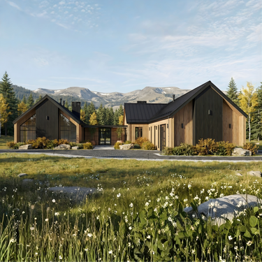 Front facade of Coyote’s Den luxury modern home design with large windows and modern finishes