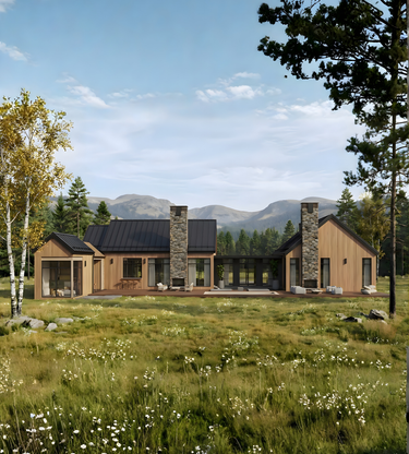 Front facade of Coyote’s Den luxury modern home design with large windows and modern finishes. pool house and terrace area. 