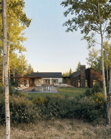 Modern mountain home with a pool and lounge seats surrounded by trees and greenery in the middle of New York. 