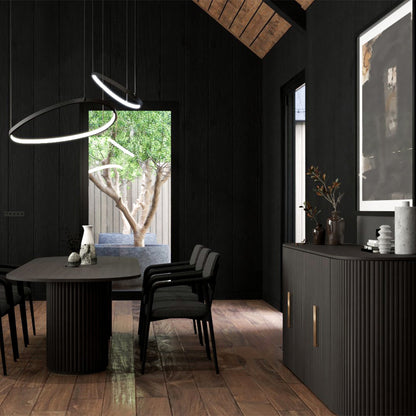 3d interior rendering of dining area with vaulted ceiling in black tone style