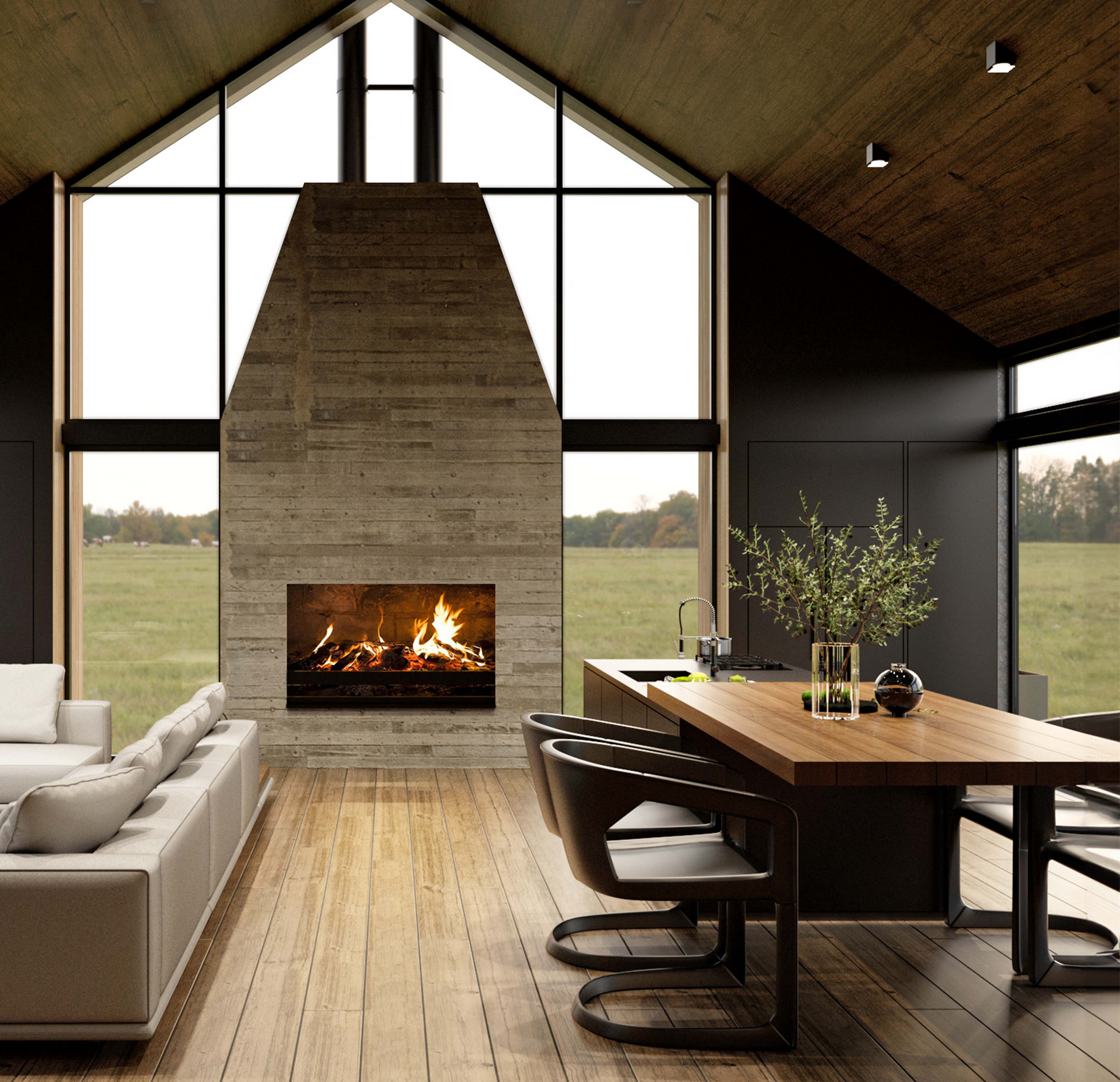 DINING design rendering with vaulted ceiling, pendant lamp, stone wall with chimney in a barndominium