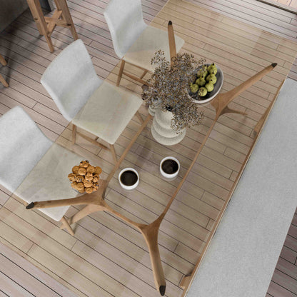interior design rendering of a cristal table with wood, upholstered chairs and bench