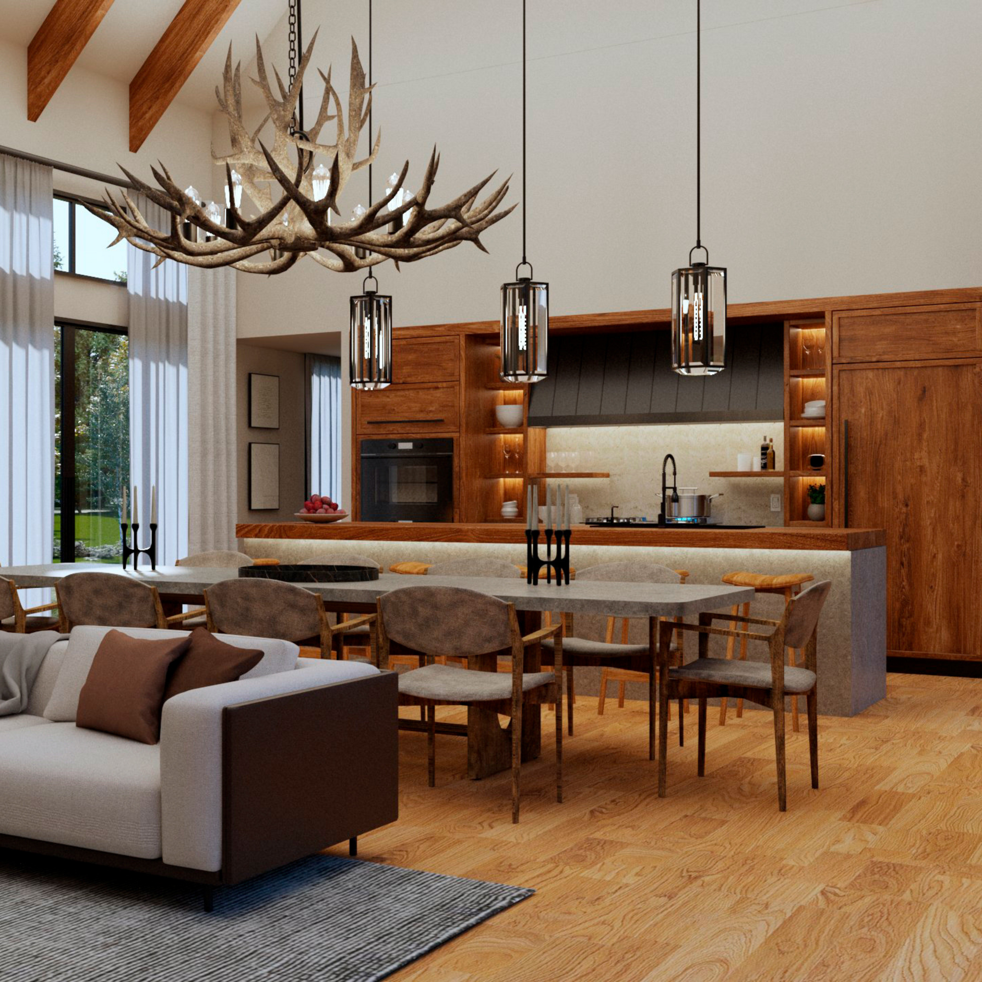 Cozy living room featuring a stone fireplace, vaulted ceilings with exposed wooden beams, an antler chandelier, and a comfortable seating area with neutral tones, complemented by large windows that bring in natural light.