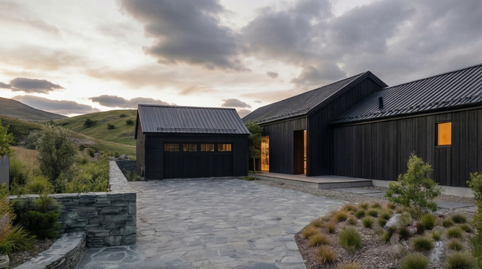 Casa del Prado - Modern black wood chalet with a stone paved driveway and landscaped grounds under a dramatic cloudy sky.