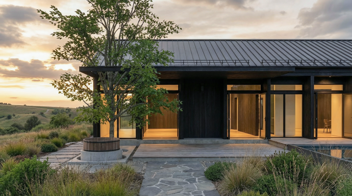 Casa del Prado - Modern single-story house exterior with dark wood and metal roofing, large glass doors, warm interior lighting, a stone walkway, landscaped grasses, and a tree in a rural outdoor setting at sunset.