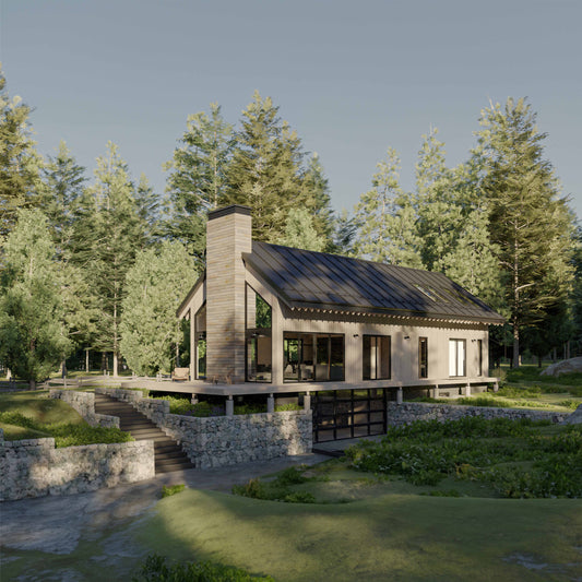 3d rendering of a barndominium design with basement and garage
