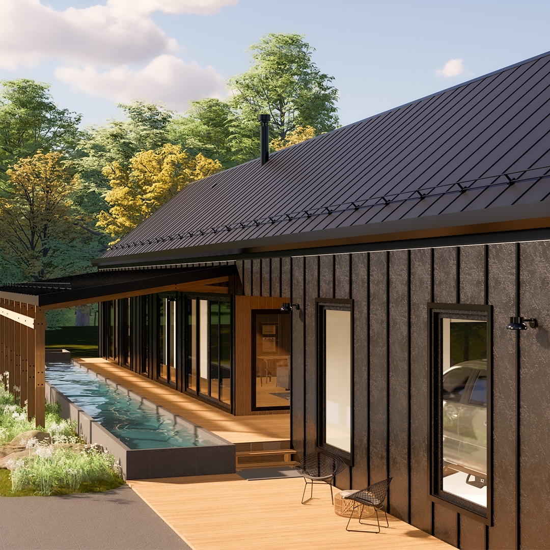 3d rendering left side of barn dominium design with a touch of nordic and Scandinavian style, with a large pool and jacuzzi