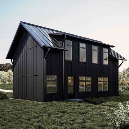 3d rendering of a rear facade barndominium design with garage