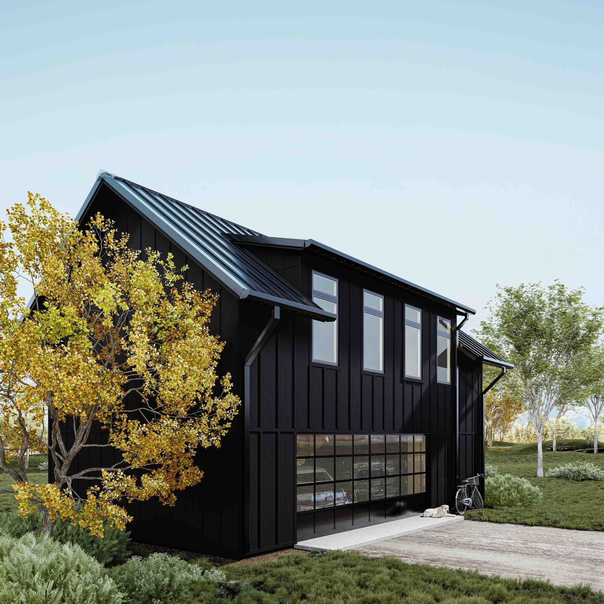 3d rendering of a front facade barndominium design with garage