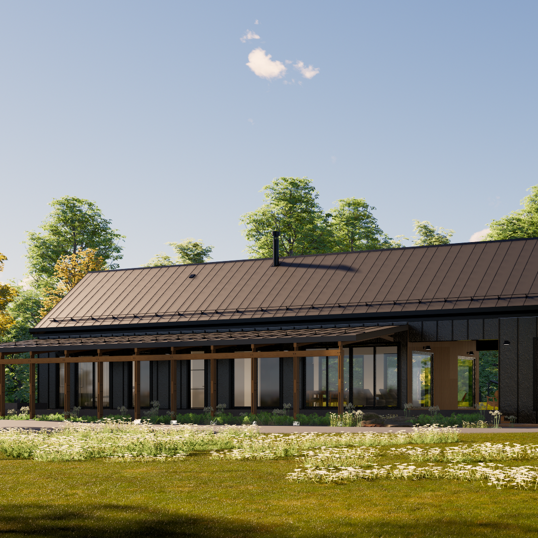 3d rendering left facade of barn dominium design with a touch of nordic and Scandinavian style