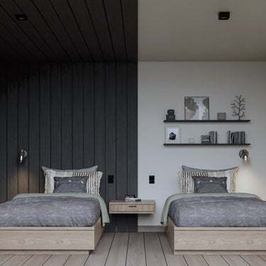 bedroom rendering with single beds, night table and wood panel