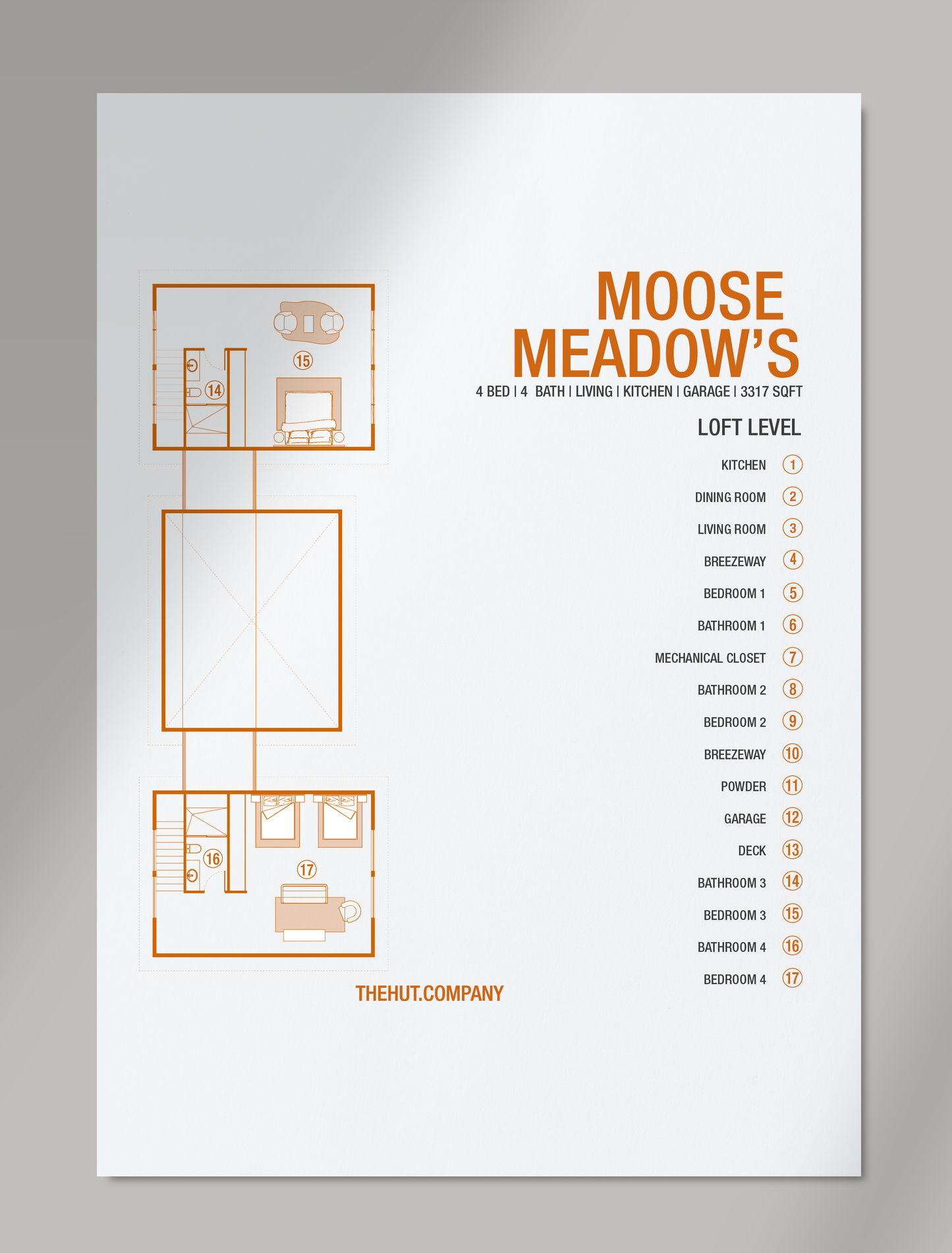 A floor plan design for "Moose Meadow's," featuring labeled sections for the main level. The layout includes spaces such as the kitchen, dining room, living room, bedrooms, bathrooms, breezeways, garage, and a deck. The title and labels are in bold orange text, with a clean and minimalistic white background. The website "THEHUT.COMPANY" is displayed at the bottom