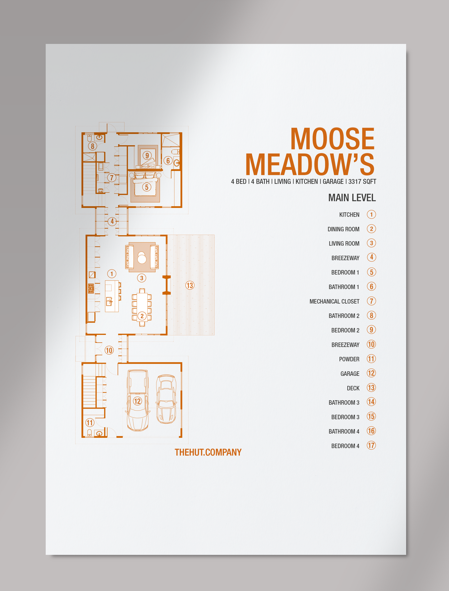 A floor plan design for "Moose Meadow's," featuring labeled sections for the main level. The layout includes spaces such as the kitchen, dining room, living room, bedrooms, bathrooms, breezeways, garage, and a deck. The title and labels are in bold orange text, with a clean and minimalistic white background. The website "THEHUT.COMPANY" is displayed at the bottom