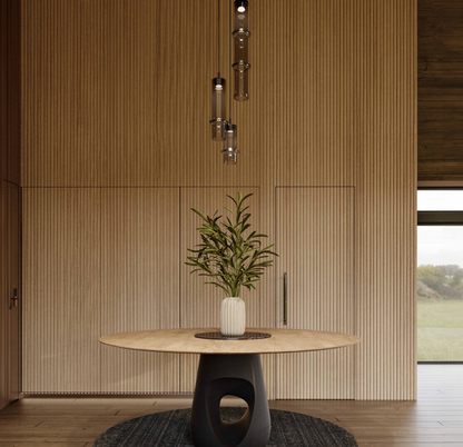 foyer rendering with console table, chandelier, wood panel wall