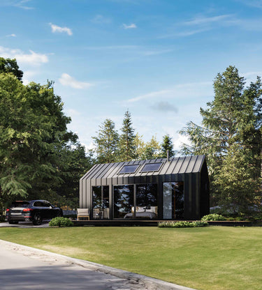 3d rendering of a one story, one bed cabin design in black