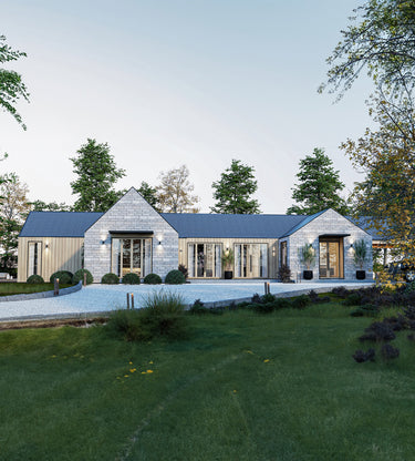 A rendering of a modern two-story house with a gray exterior, large windows, and a flat roof, set in a natural environment with trees in the background.