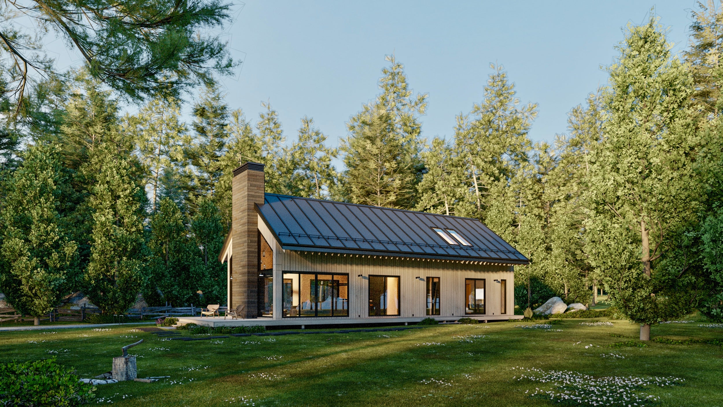 Two-bedroom cabin with a beautiful shower, perfect for outdoor living and Airbnb projects. Our custom and pre-designed floor plans are cheaper than local architects