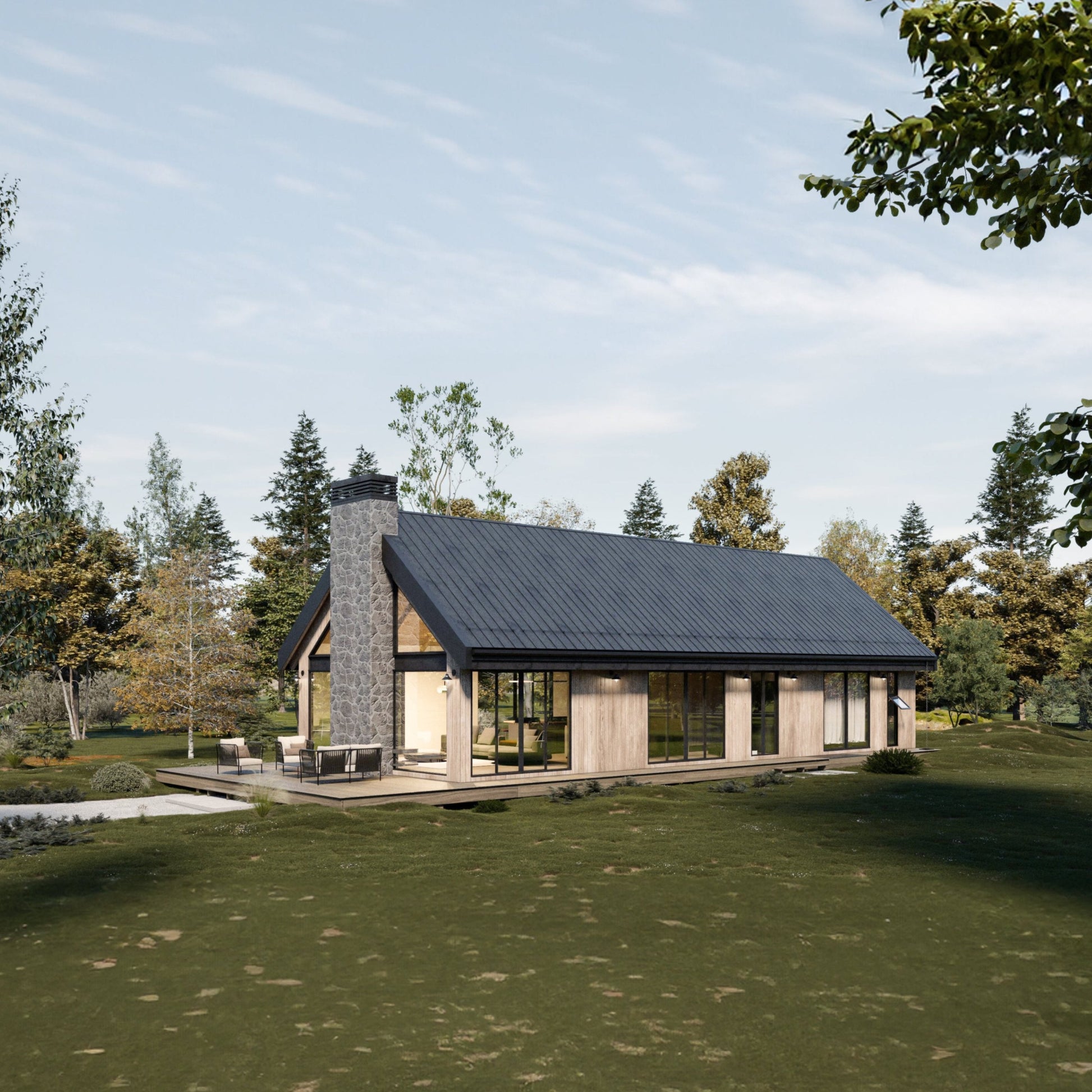 A modern one-story cabin design with black gable roof, sunrrounded by trees and clear area, and an exterior firepit with outdoor furniture